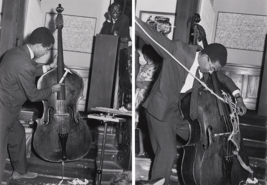 Benjamin Patterson, Variations for Double-Bass, performed during Kleines Sommerfest: Après John Cage, Galerie Parnass, Wuppertal, West Germany, June 9, 1962, gelatin silver print, 33 x 22.8 cm (The Museum of Modern Art, New York) © Ben Patterson
