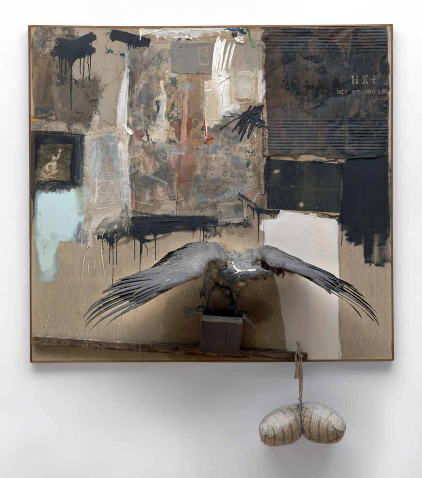 Robert Rauschenberg, Canyon, 1959, oil, pencil, paper, metal, photograph, fabric, wood, canvas, buttons, mirror, taxidermied eagle, cardboard, pillow, paint tube and other materials, 207.6 x 177.8 x 61 cm (The Museum of Modern Art, New York) © Robert Rauschenberg Foundation