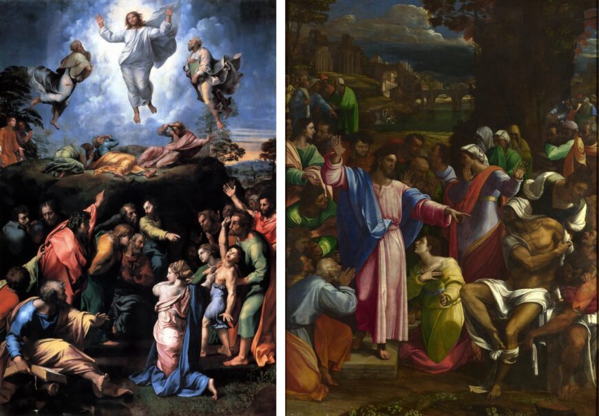 Left: Raphael, The Transfiguration, 1516–20, tempera on wood, 405 x 278 cm (Pinacoteca Vaticana, Vatican City); right: Sebastiano del Piombo, Raising of Lazarus, 1517–19, oil on wood transferred to canvas, 381 x 299 cm (The National Gallery, London)