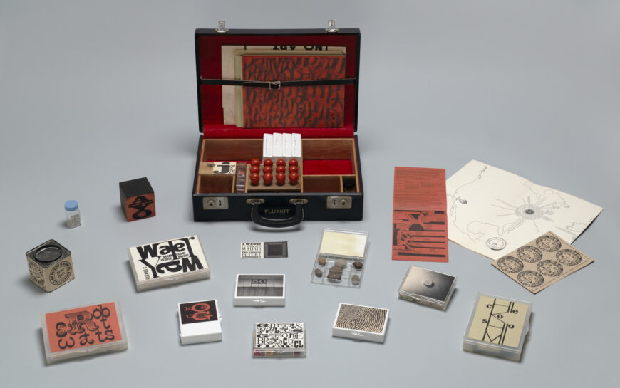 Various artists, Fluxkit, 1965–66, vinyl-covered attaché case, containing objects in various media, 32.5 x 44 x 12 cm (The Museum of Modern Art, New York) © Estate of Shigeko Kubota