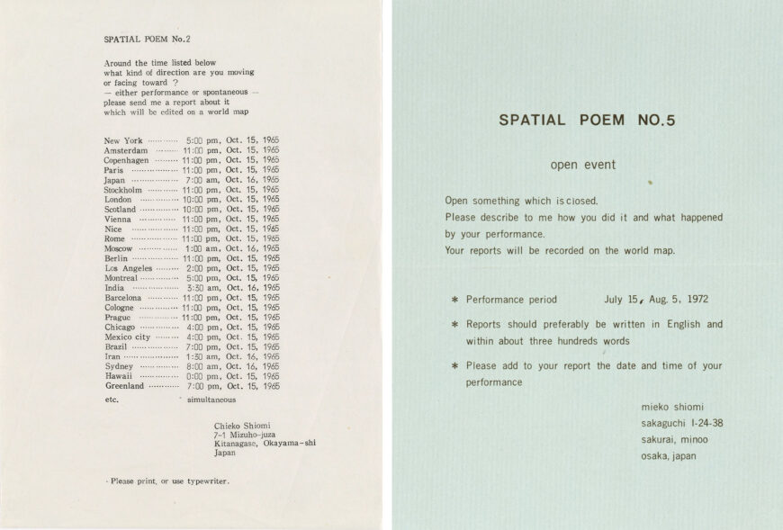 Left: Mieko Shiomi, Score for Spatial Poem No. 2 (Direction Event), 1965 (Getty Research Institute, Los Angeles, Jean Brown Papers, 890164, box 47, folder 3); right: Mieko Shiomi, Spatial Poem No. 5/open event, 1972 (Walker Art Center, Minneapolis) © Mieko Shiomi