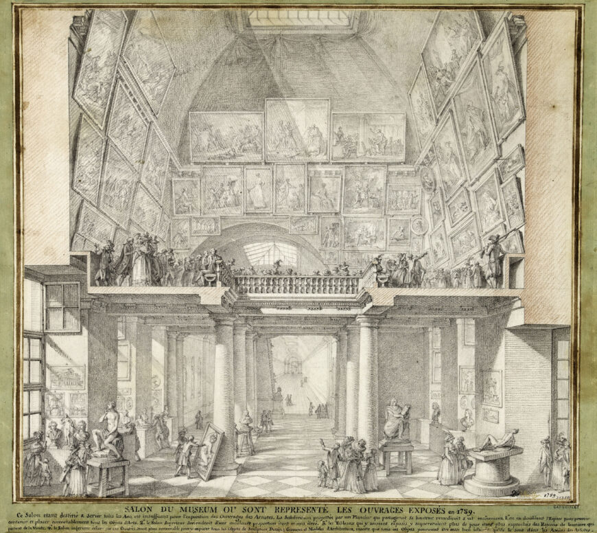 Charles de Wailly, Projet rétrospectif pour la présentation des ouvrages de l’Académie au Salon carré du Louvre en 1789, 1789, pencil and sanguine on paper, 33.4 x 37.4 cm (Musée Carnavalet, Paris)