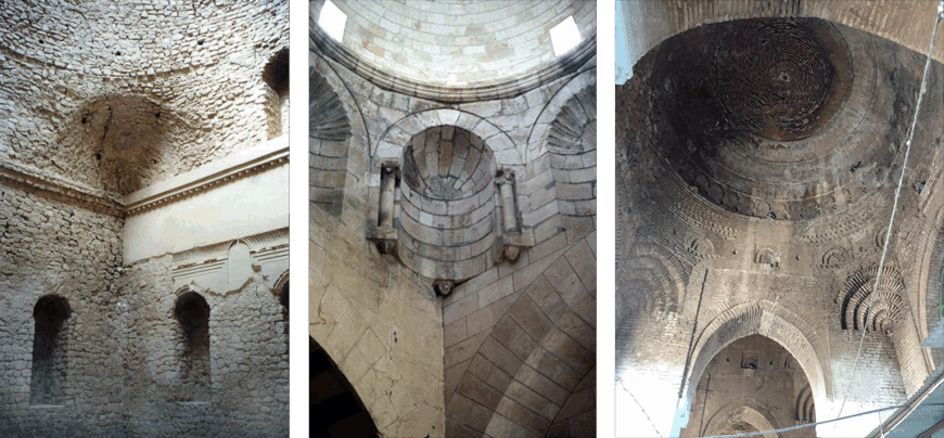 Three examples of squinches. Left: squinch that resembles a smooth concavity from the Palace of Ardashir, Iran, 224 C.E. (photo: public domain); center: squinch that resembles a stylized semi-circular niche from Mashhad al-Husayn, Aleppo, Syria, 12th–13th century, reconstructed in the 20th century (photo: Yasser Tabbaa/AKDC at MIT); right: squinches that resemble tiered steps from Darya Khan Ghumat, Ahmedabad, India, 1453 (photo: Yappe)