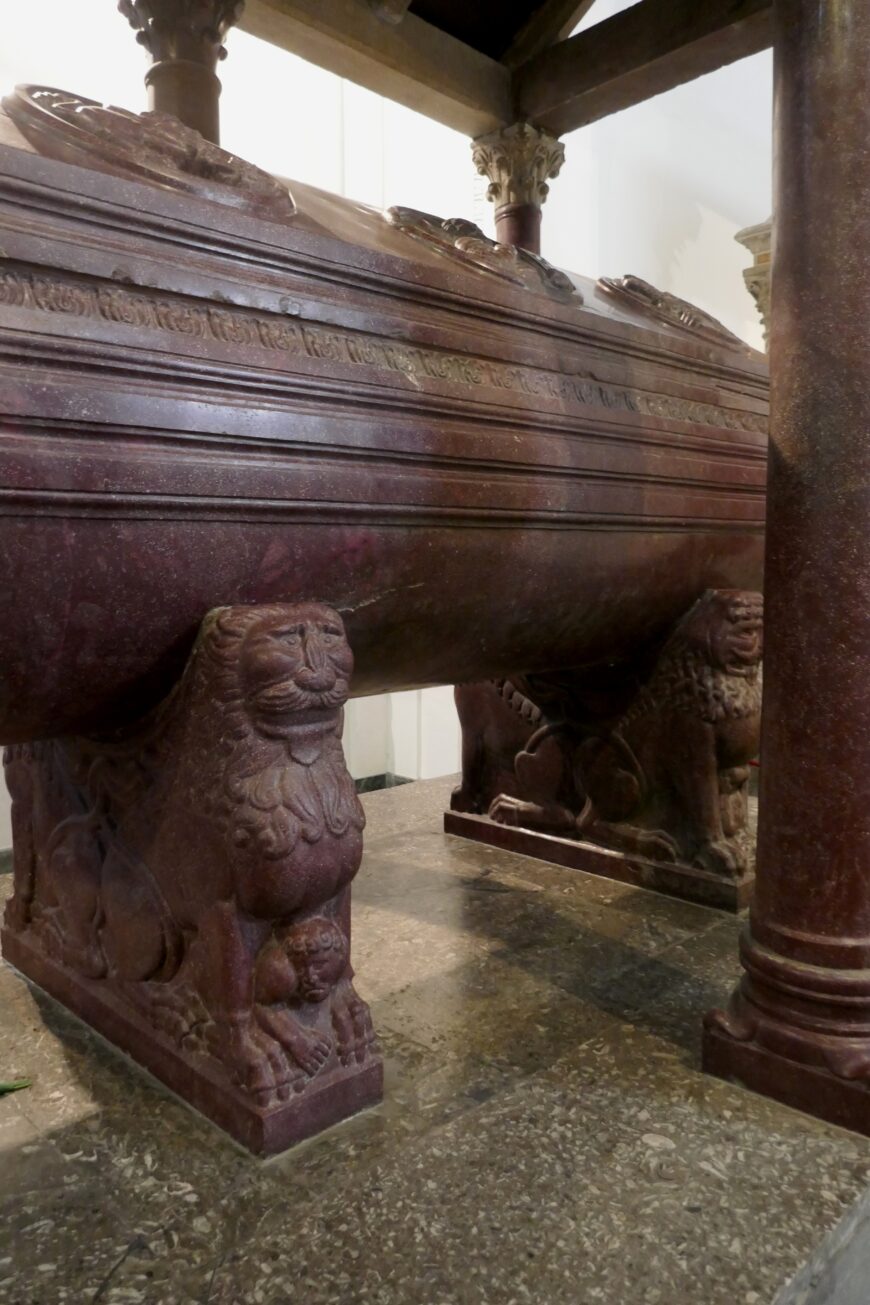 Porphyry sarcophagus (a gift of Roger II to the Cathedral of Cefalù), 12th century (Sicily, Italy), later used as the tomb of Frederick II (Palermo Cathedral; photo: Bernard Blanc, CC BY-NC-SA 2.0)