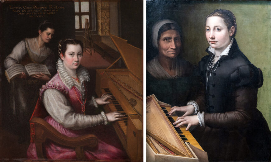 Left: Lavinia Fontana, Self-Portrait at the Spinet, 1577, oil on canvas, 27 x 24 cm (Accademia Nazionale di San Luca, Rome); right: Sofonisba Anguissola, Self-Portrait at Clavichord with Servant, 1561, oil on canvas, 81 x 63 cm (Althorp House, Northamptonshire)