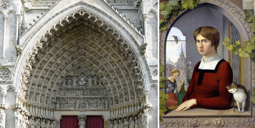 Left: Pointed arch of the central tympanum at Robert de Luzarches, Thomas de Cormont, and Renaud de Cormont, Amiens Cathedral, Amiens, France, begun 1220 (photo: Steven Zucker, CC BY-NC-SA 2.0); right: Johann Friedrich Overbeck, Portrait of the Painter Franz Pforr, 1810, oil on canvas, 62 x 47 cm (Alte Nationalgalerie, Berlin)