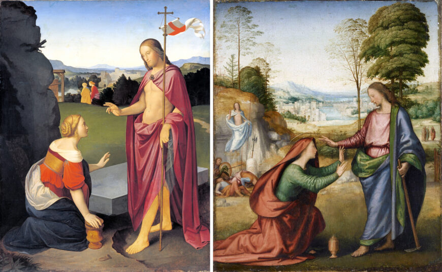 Left: Johann Friedrich Overbeck, Easter Morning, c. 1818, oil on canvas, 131 x 102 cm (Museum Kunstpalast, Düsseldorf); right: Fra Bartolomeo, Noli Me Tangere, c. 1506, oil on canvas, 58 x 48 cm (Musée du Louvre, Paris)