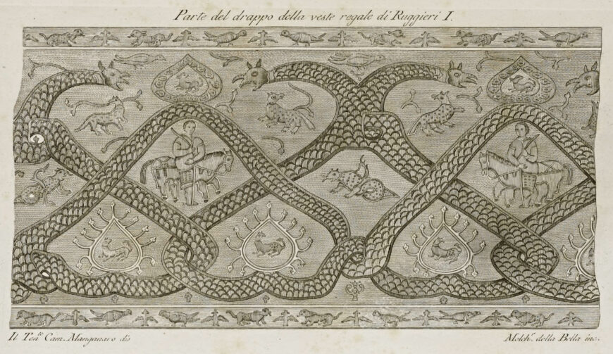 Reproduction of a gold-woven textile from the shroud found in the sarcophagus of Roger II, Palermo, Sicily. Francesco la Marra, plate C, engraving, from Francesco Daniele, I regale sepolcri del duomo di Palermo, 1784 (Getty Research Institute, Los Angeles)
