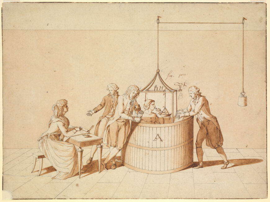 Marie-Anne Lavoisier, A man seated in a barrel with his head under a glass canopy; he breathes and his pulse is taken; Lavoisier dictates to his wife who is writing a report, c. 1790, pen with brown ink wash, 24.2 x 32.4 cm (Wellcome Collection, London)