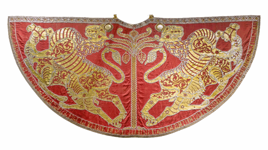 Mantle of Roger II, 1133/34 (Norman Sicily, Italy), textiles, patterned samite (kermes dye), gold and silk embroidery, pearls, gold with cellular enamel, rubies, spinels, sapphires, garnets, glass, tablet weave, 146 x 345 cm (Kunsthistorisches Museum, Vienna, XIII 14; photo: Steven Zucker, CC BY-NC-SA 2.0)