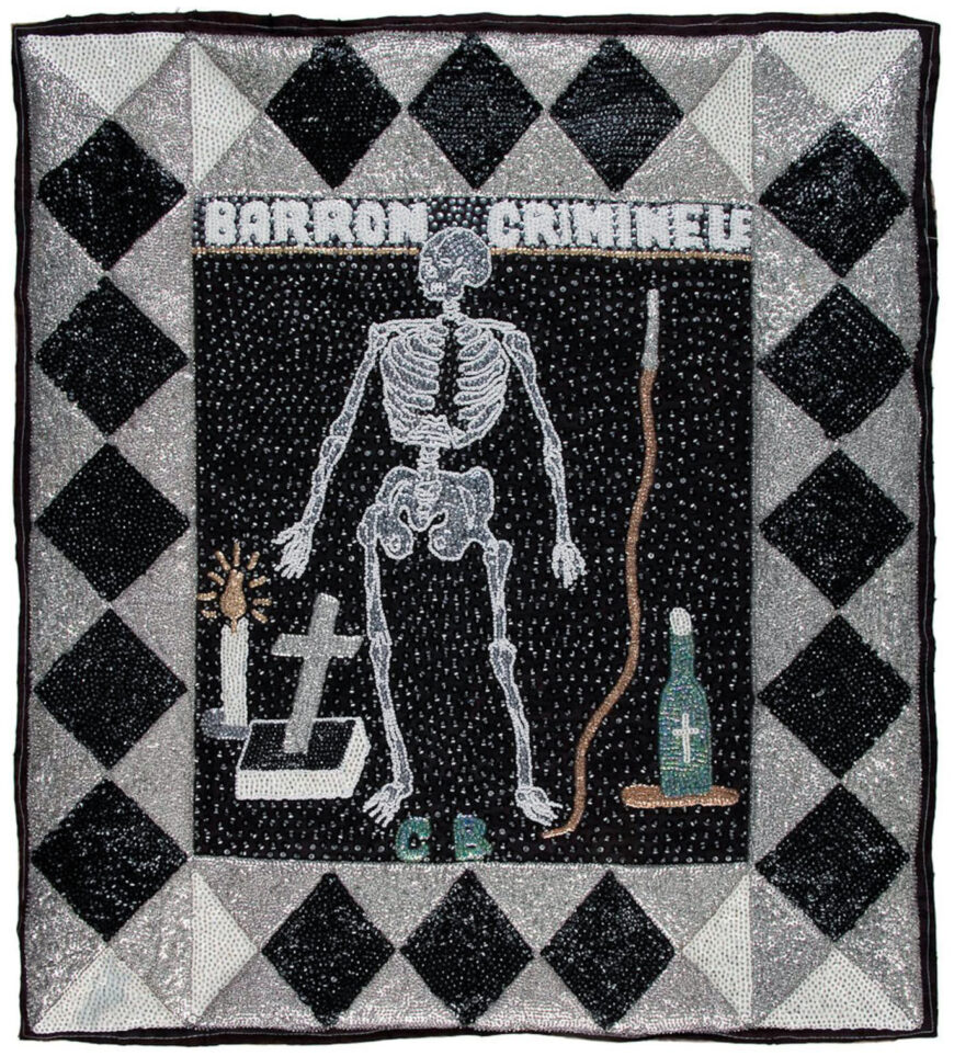 Clotaire Bazile, Barron Criminele, c. 1980s, beads and sequins on synthetic cloth, 92 x 82.2 cm (Fowler Museum, Los Angeles) © Estate of Clotaire Bazile