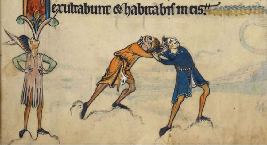 Two men in tights and short tunics wrestle. Folio 11 recto, Psalm 5, bas-de-page wrestlers, The Rutland Psalter, c. 1260 (The British Library, London, MS 62925)