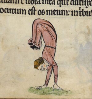 Folio 65 recto, Psalm 65, bas-de-page acrobatic figure, The Rutland Psalter, c. 1260 (The British Library, London, MS 62925)