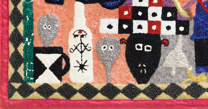 Floating faces (detail), Antoine Oleyant, Guedeh, c. 1981–91, beads and sequins on nylon cloth, 35-1/4 x 43 inches (El Museo del Barrio, New York) © Estate of Antoine Oleyant
