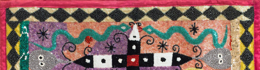 Green snakes that may represent Legba (detail), Antoine Oleyant, Guedeh, c. 1981–91, beads and sequins on nylon cloth, 35-1/4 x 43 inches (El Museo del Barrio, New York) © Estate of Antoine Oleyant