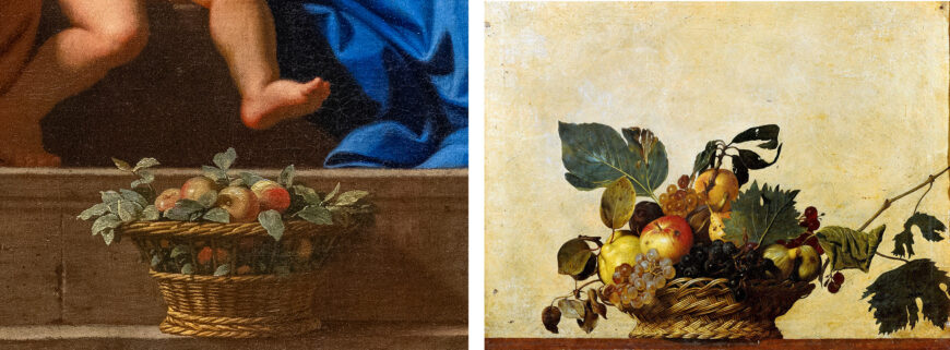 Left: Fruit basket (detail), Nicolas Poussin, The Holy Family on the Steps, 1648, oil on canvas, 73.3 x 105.8 cm (Cleveland Museum of Art; photo: Steven Zucker, CC BY-NC-SA 4.0); right: Caravaggio, Basket of Fruit, c. 1595–96, oil on canvas, 67.5 x 54.5 cm (Pinacoteca Ambrosiana, Milan)