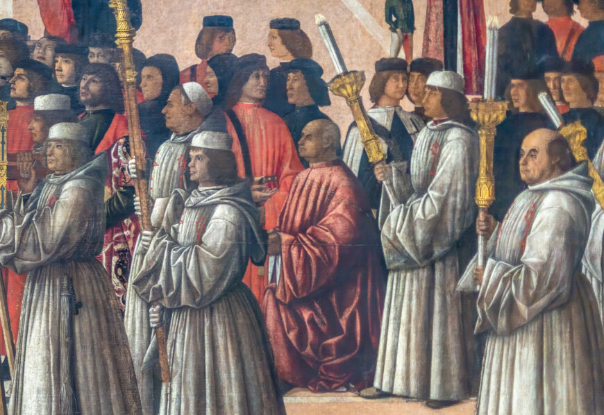 Jacopo de’ Salis kneels before the confraternity's relic (detail), Gentile Bellini, Procession in Piazza San Marco, c. 1496, tempera on canvas, 373 x 745 cm (Gallerie dell'Accademia, Venice; photo: Steven Zucker, CC BY-NC-SA 4.0)