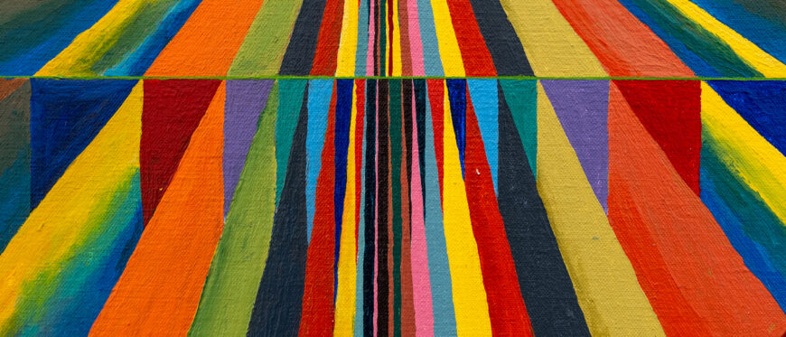 Lawrence Paul Yuxweluptun, Leaving My Reservation to Go to Ottawa and Fight for a New Constitution, 1985, acrylic on canvas, 246.4 x 169.55 cm (Art Bridges Foundation) © Lawrence Paul Yuxweluptun