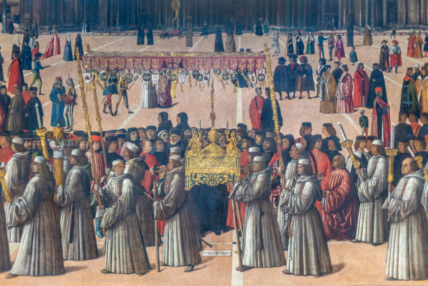 The reliquary and baldachin (detail), Gentile Bellini, Procession in Piazza San Marco, c. 1496, tempera on canvas, 373 x 745 cm (Gallerie dell'Accademia, Venice; photo: Steven Zucker, CC BY-NC-SA 4.0)