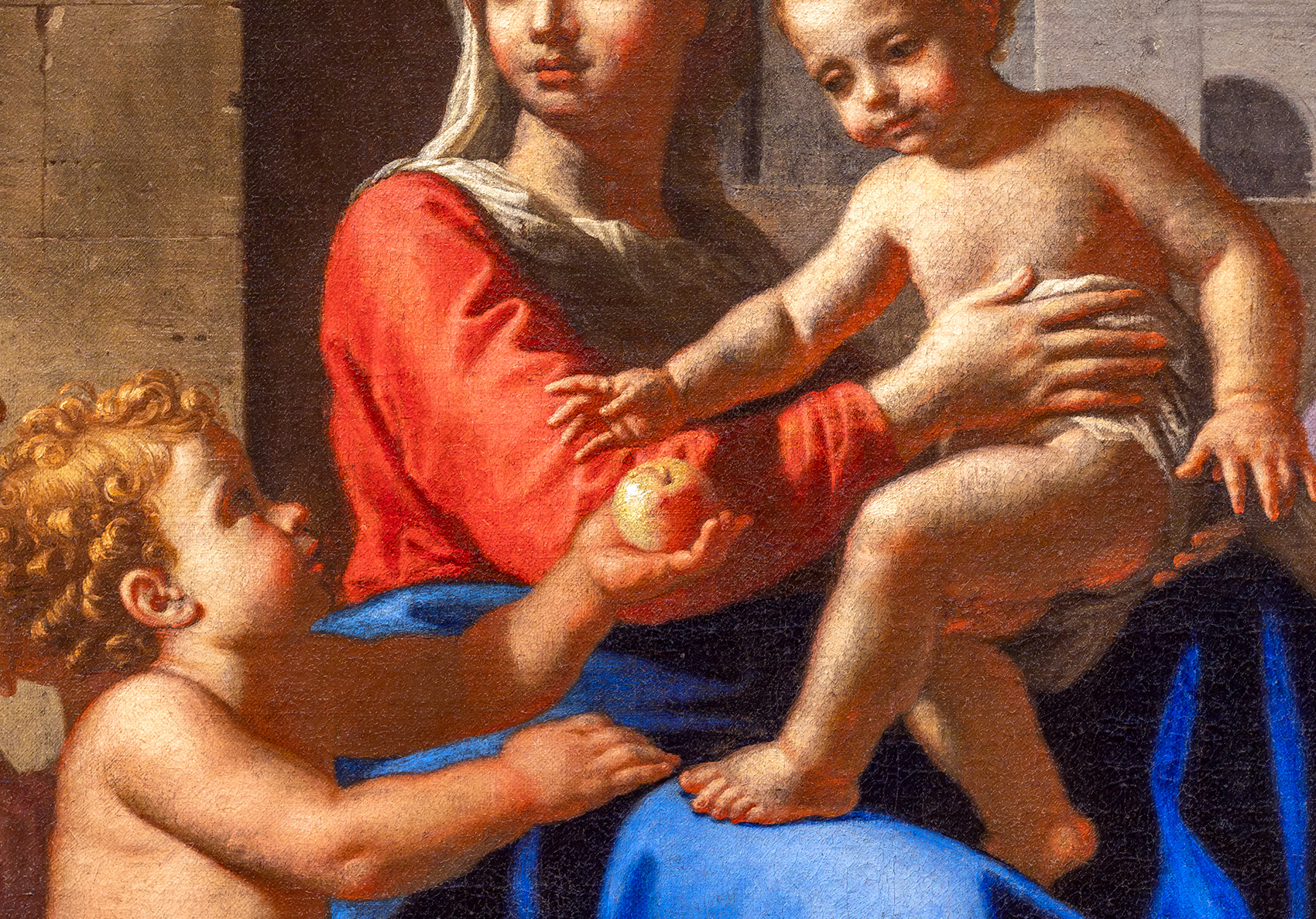Saint John the Baptist handing an apple to the Christ Child (detail), Nicolas Poussin, The Holy Family on the Steps, 1648, oil on canvas, 73.3 x 105.8 cm (Cleveland Museum of Art; photo: Steven Zucker, CC BY-NC-SA 4.0)
