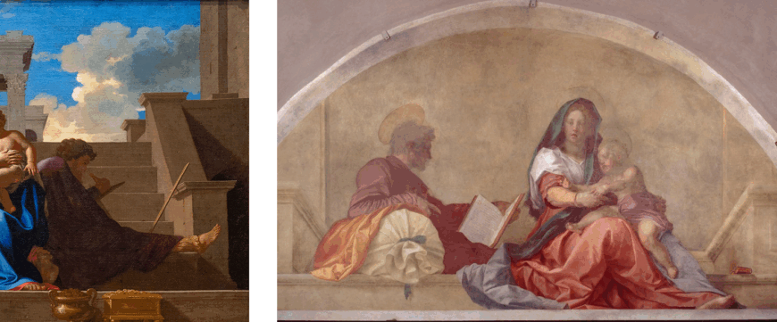 Left: Joseph (detail), Nicolas Poussin, The Holy Family on the Steps, 1648, oil on canvas, 73.3 x 105.8 cm (Cleveland Museum of Art; photo: Steven Zucker, CC BY-NC-SA 4.0); right: Andrea del Sarto, Madonna del Sacco, 1525, fresco, 191 x 403 cm (Basilica of Santissima Annunziata, Florence)
