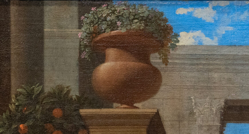 Vase with greenery (detail), Nicolas Poussin, The Holy Family on the Steps, 1648, oil on canvas, 73.3 x 105.8 cm (Cleveland Museum of Art; photo: Steven Zucker, CC BY-NC-SA 4.0)