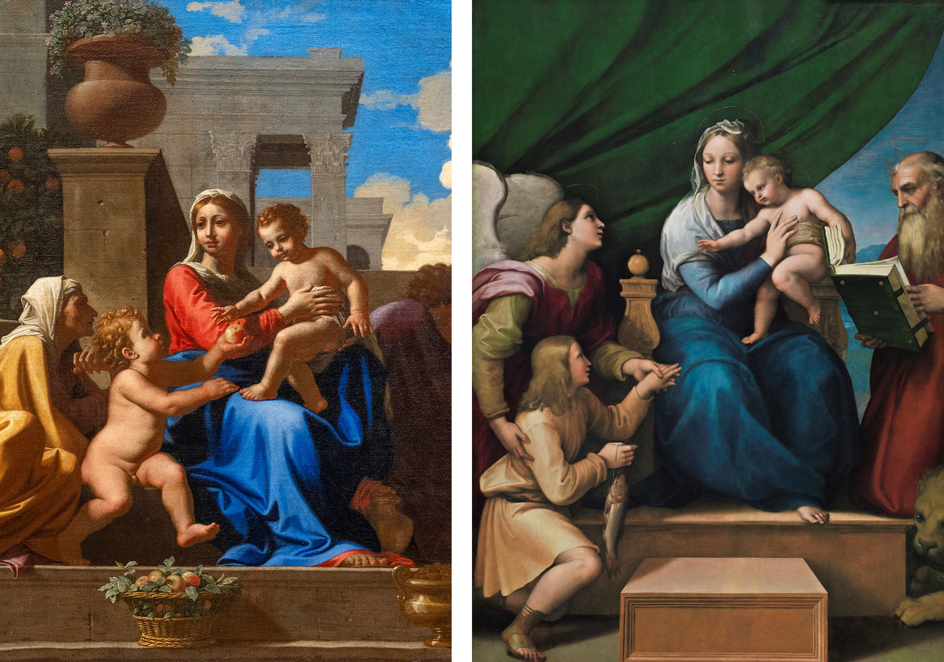 Left: Nicolas Poussin, The Holy Family on the Steps, 1648, oil on canvas, 73.3 x 105.8 cm (Cleveland Museum of Art; photo: Steven Zucker, CC BY-NC-SA 4.0); right: Raphael, Madonna del Pesce (Madonna of the Fish), 1513–14, oil on canvas transferred to panel, 215 x 158 cm (Museo del Prado, Madrid)
