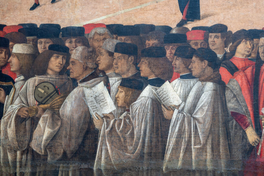 Scuola Grande di San Giovanni Evangelista brothers singing from sheet music (detail), Gentile Bellini, Procession in Piazza San Marco, c. 1496, tempera on canvas, 373 x 745 cm (Gallerie dell'Accademia, Venice; photo: Steven Zucker, CC BY-NC-SA 4.0)