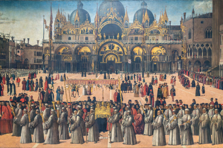 Scene at the piazza (detail), Gentile Bellini, Procession in Piazza San Marco, c. 1496, tempera on canvas, 373 x 745 cm (Gallerie dell'Accademia, Venice; photo: Steven Zucker, CC BY-NC-SA 4.0)