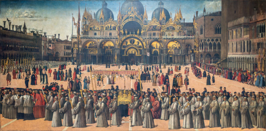 Gentile Bellini, Procession in Piazza San Marco, c. 1496, tempera on canvas, 347 cm × 770 cm (Gallerie dell'Accademia, Venice)
